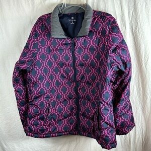 Lands End Girls Puffer Winter Jacket Size XL (18) Pink Navy Blue Down Filled